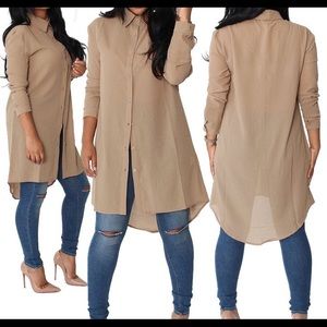 Chiffon blouse long sleeve high low buttoned shirt